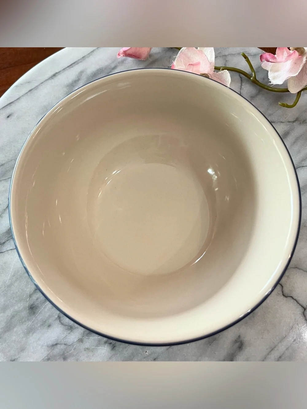 Vintage Longaberger Pottery Cabana Blue Stripe Round Serving Bowl Vitrified USA